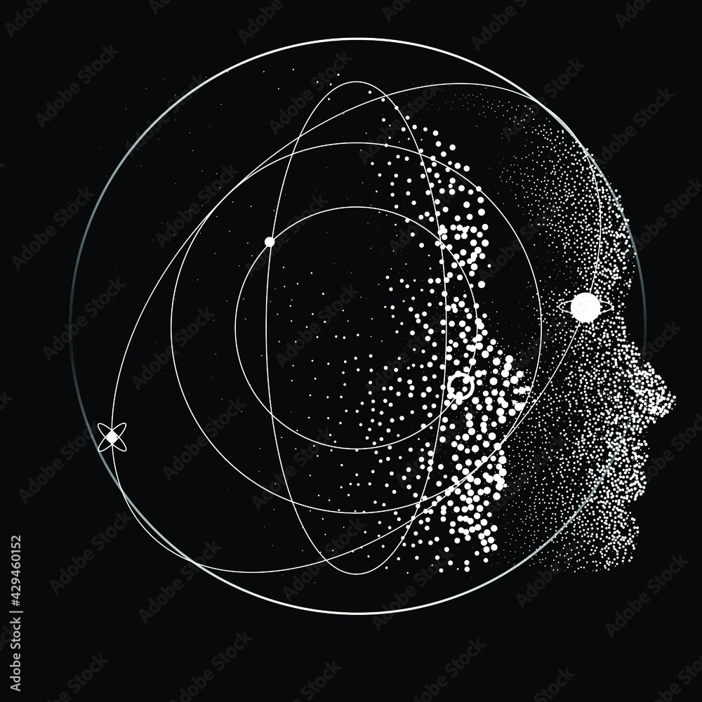 Poster Silhouette of a 3d human head made of dots and particles. Concept of Artificial intelligence and Neural Network.