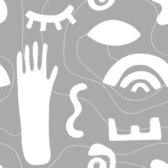 Сontemporary seamless pattern hand drawn shapes. Nature doodle elements and objects. Abstract color various leaves and flowers. Trendy modern flat cartoon vector illustration isolated on grey