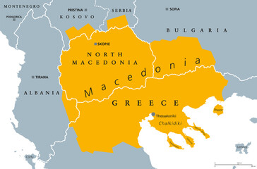 Geographical region of Macedonia, political map. Region of the the Balkan Peninsula in Southeast Europe, part of Greece, North Macedonia, Bulgaria, Albania, Kosovo and Serbia. Illustration. Vector. - obrazy, fototapety, plakaty