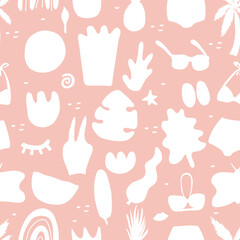 Сontemporary seamless pattern hand drawn shapes. Nature doodle elements and objects. Abstract color various leaves and flowers. Trendy modern flat cartoon vector illustration isolated on pink