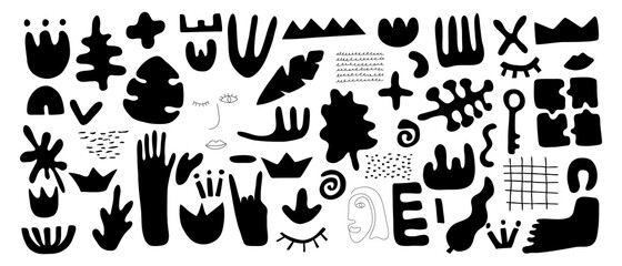 Сontemporary big set hand drawn shapes. Nature doodle elements and objects. Abstract black silhouette various leaves and flowers. Trendy modern cartoon vector illustration isolated on white