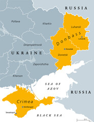 Donbass and Crimea, political map. Crimea peninsula on the coast of Black Sea, and Donbass region, formed by Donetsk and Luhansk region. Disputed areas between Ukraine and Russia. Illustration. Vector - obrazy, fototapety, plakaty