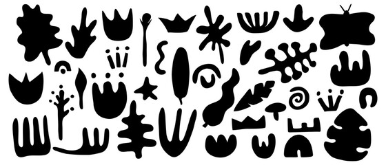 Сontemporary big set hand drawn shapes. Nature doodle elements and objects. Abstract black silhouette various leaves and flowers. Trendy modern cartoon vector illustration isolated on white