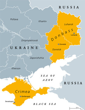 Donbass and Crimea, political map. Crimea peninsula on the coast of Black Sea, and Donbass region, formed by Donetsk and Luhansk region. Disputed areas between Ukraine and Russia. Illustration. Vector