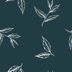 Fototapeta premium Vector illustration of a seamless pattern of tea leaves on a dark green background. White leaves on dark for packaging or wrapping paper, fabric
