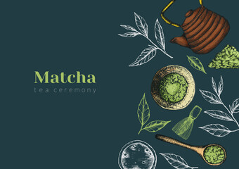 Vector illustration of matcha tea advertising horizontal banner on dark green. Flyer or publication about the tea ceremony
