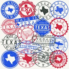 Texas, USA Set of Stamps. Travel Passport Stamps. Made In Product. Design Seals in Old Style Insignia. Icon Clip Art Vector Collection.
