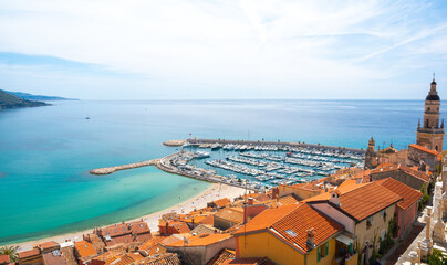 Obraz premium view on azure bay in Menton town on cote d'azur in south France