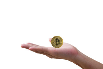 Plakat Close-up Golden Bitcoin virtual symbol on hand man, a money digital on cyber world, to use online business and exchange for cash, isolated on white background