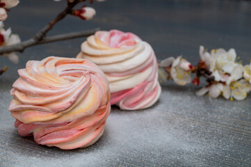 white and pink marshmallow with a blooming apricot branch on a wooden table