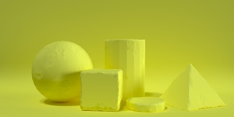 Podium made of simple geometric shapes on a yellow background. Mock up for exhibitions, product presentation. 3d renderingpresentation. 3d rendering