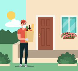 Courier in a medical mask  and gloves holding grocery bags near the apartment door. Vector flat style illustration