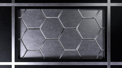 Black metal frame with metallic hexagons background. 3d render illustration