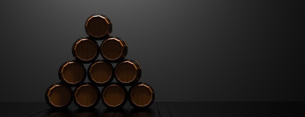 Wine, whiskey, alcohol cellar, xmas template on black floor, black background. Winemaking, storage concept. 3d illustration.