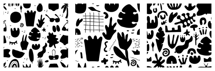 Three abstract seamless patterns. Simple shapes, doodle elements and nature texture. Modern monochrome contemporary vector illustration. Hand drawing black silhouette objects on white background.