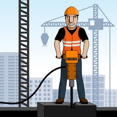 Happy construction worker hammering concrete with jackhammer at construction site. Vector illustration.