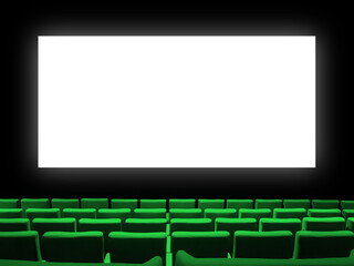 Cinema movie theatre with green seats and a blank white screen