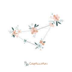 Flower Capricorn zodiac sign clip art isolated on white. Celestial floral daisy constellation vector illustration. Magical Boho spiritual bloomy astrological design.