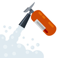 Extinguisher. Fireman tool. Red cylinder. Flat cartoon illustration. Smoke and foam.