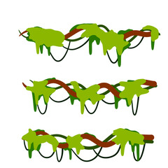Set of branches with moss and green grass. Part of scenery of jungle. Swamp bog vine of trees. Marsh plant. Cartoon flat illustration. Element of tropical forest