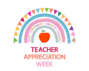 Teacher Appreciation Week school  vector banner. Cute rainbow, apple and text on white. 