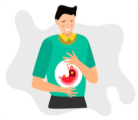 Man Person with Acid Reflux, Heart Burn Acidicity in Heartburn. Gastric disease, stomach problem. cartoon having disease, feeling pain bloating abdomen gastroesophageal reflux high acid vector, GERD