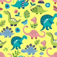 Fototapeta na wymiar Seamless pattern with cute hand drawn dinosaurs. Design of fabrics, textiles, wallpaper, packaging, decoration of a children's room.