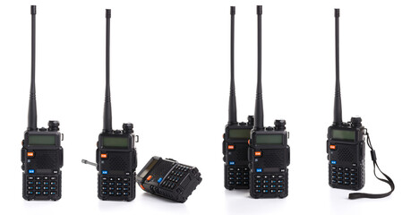 set collage of several black walkie-talkie radio communication device isolated on white background