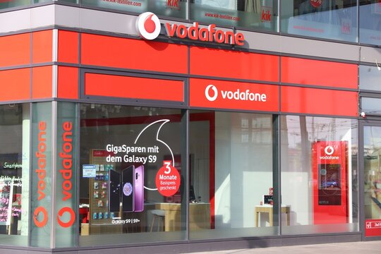 DRESDEN, GERMANY - MAY 10, 2018: Vodafone mobile phone shop in Dresden, Germany. Vodafone is the largest mobile phone operator in Germany.