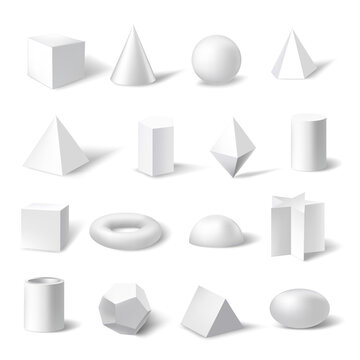 3d geometric figure shapes set. Cube, square, cone, pyramid, prism, cylinder, hexagon, star, trapezoid, torus vector illustration. Math geometry objects on white background