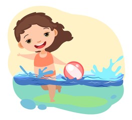 Obraz na płótnie Canvas A little girl swims in the water. Plays with a ball and splashes and has fun. Child's summer vacation. Flat cartoon style. Isolated illustration on a white background. Vector;