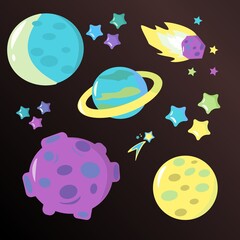  ollection of planets., stars and meteors on a dark background Open space and set of celestial bodies Cartoon illustration