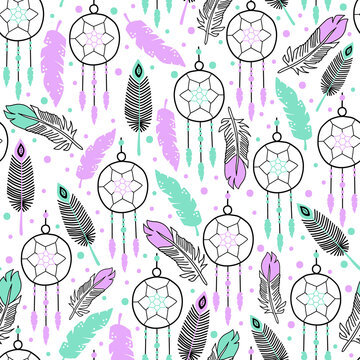 Dream catchers feathers seamless vector ethnic boho pattern. Repeating background Native American tribe decoration print element, tribal Navajo isolated illustration bohemian ornament, Peru, Aztec