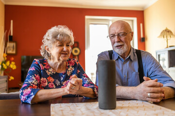 Excited senior couple using a Virtual Assistant at home
