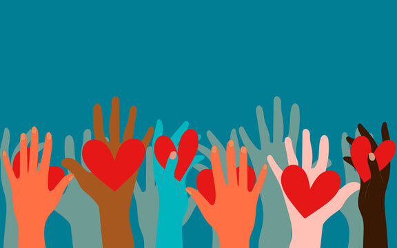 Volunteers, social workers, ordinary people hold hearts in their palms. Unity, cohesion of a multinational society. Charity, voting, donations, social assistance. Blue deep background. 