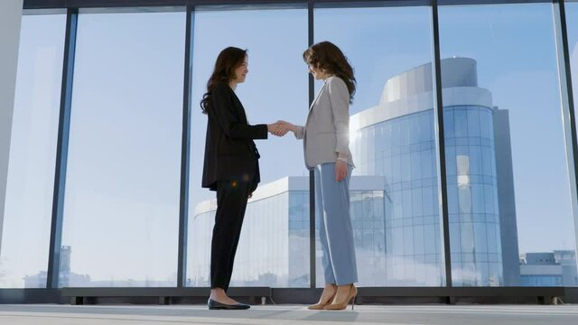 Portrait of two casual looking businesswoman meeting with background of office buildings behind the windows. Colleagues having handshake and polite conversation. Concept of discussion, interaction.