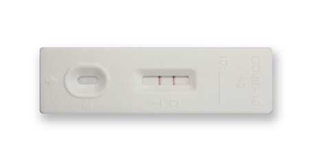 Covid 19 mouth Antigen test kit with positive result, isolated on white background