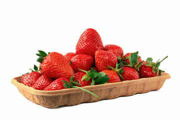 Ripe Strawberries In Brown Paper Box. Strawberry Crate Isolated On White Background. Supermarket Berry Pack Close-Up.