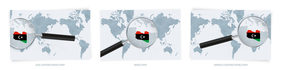 Blue Abstract World Maps with magnifying glass on map of Libya with the national flag of Libya. Three version of World Map.