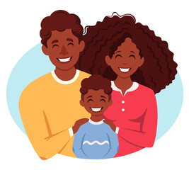 Happy black family with son. Parents hugging child. Vector illustration