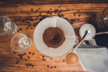 Top view coffee powder in the dripper for make coffee filter. 