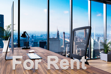 for rent; office chair in front of modern workspace with computer and skyline view; real estate concept; 3D Illustration