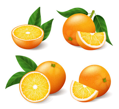 Realistic bright yellow oranges with green leaf whole and sliced set