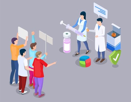 Anti-vaccine protest concept vector illustration in 3d isometric style. Anti vax movement. People protesting against mandatory vaccination and doctors with syringe