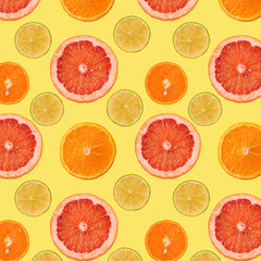 Summer Seamless pattern of juicy Orange grapefruit manadarine tangerine lime Fruit slice on yellow background. Healthy food lifestile. fruit juice advertising. Summer rest concept.