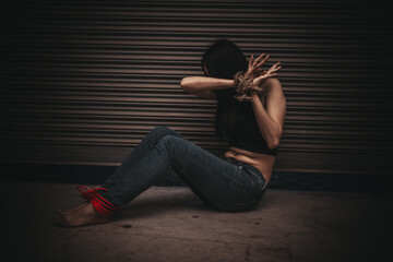 Asian hostage woman Bound with rope at night scene,The thieves kidnapped for ransom,thailand people