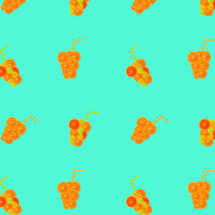 Summer Seamless pattern of juicy Orange grapefruit and lemon lime Fruit slice shaped on glass of refreshing lemonade with pipe.  Healthy food lifestile.  fruit juice advertising. Summer rest concept.