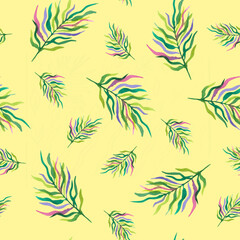 Color jungle palm leaves, tropical leaf on yellow background, watercolor botanical illustration.
