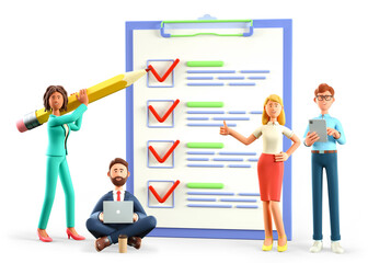 3D illustration of human characters filling out a test in customer survey form. Ethnic people group, woman with pencil and man putting check mark on checklist.  Successful tasks execution.