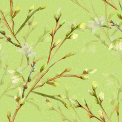 Watercolor illustration of a flowering branch.The motive of the tree branch, the image on a white and colored background.Seamless pattern.